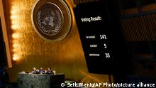 The results of a vote on a resolution concerning the Ukraine are displayed during an emergency meeting of the General Assembly at United Nations headquarters, Wednesday, March 2, 2022. (AP Photo/Seth Wenig)
