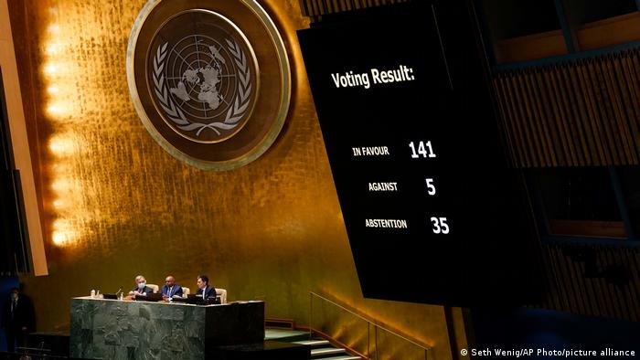 The results of a vote on a resolution concerning the Ukraine are displayed during an emergency meeting of the General Assembly at United Nations headquarters