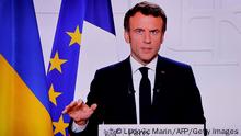 A picture of a monitor taken in a media control room in Paris on March 2, 2022, shows French President Emmanuel Macron speaking from the Elysee Palace during a televised address on the general situation seven days after Russia launched a military invasion on Ukraine. (Photo by Ludovic MARIN / AFP) (Photo by LUDOVIC MARIN/AFP via Getty Images)