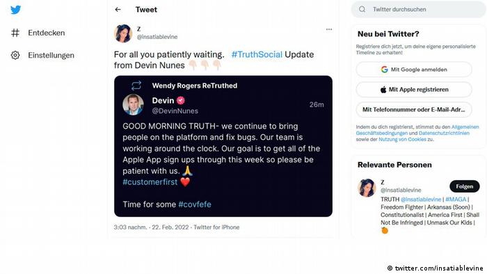Screenshot Twitter @insatiablevine zu Trumps neuer Social-Media-Plattform Truth Social