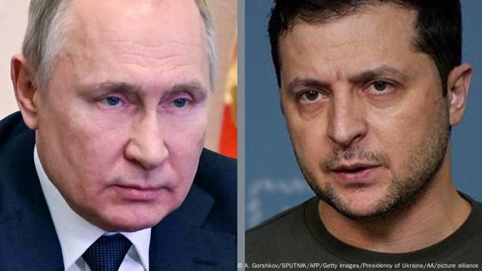 Bildkombo Wladimir Putin und Wolodymyr Selenskij, beide schauen ernst