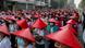 School teachers wearing red traditional Myanmar hats attend an anti-coup protest in Mandalay School teachers wearing red traditional Myanmar hats attend an anti-coup protest in Mandalay