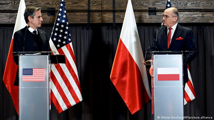 Blinken held a press conference along with Poland's Foreign Minister Zbigniew Rau (right)