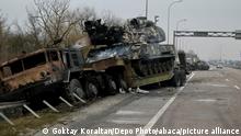 A military vehicle shot by Russian Army near Kiev capital of Ukraine, on February 27, 2022. Photo by Goktay Koraltan/ Depo Photos/ABACAPRESS.COM