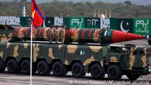 FILE - In this Wednesday, March 23, 2016 file photo, a Pakistani-made Shaheen-III missile is on display during a military parade in Islamabad, Pakistan. Pakistan vowed Tuesday, March 14, to prevent non-nuclear states from gaining the technology that would enable them to start down the path to acquiring nuclear weapons, even though both Islamabad and neighbor New Delhi have defied non-proliferation treaties to become competing nuclear powers. (AP Photo/Anjum Naveed, File)