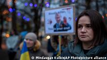 Belarusian opposition leader Sviatlana Tsikhanouskaya, right, takes part in a protest against the Russian invasion of Ukraine in front of the Russian embassy in Vilnius, Lithuania, Friday, March 4, 2022. More than 1 million people have fled Ukraine following Russia's invasion in the swiftest refugee exodus in this century, the United Nations said Thursday. (AP Photo/Mindaugas Kulbis)