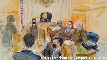 This artist sketch depicts Judge Dabney Friedrich looking out from the bench during jury selection for Guy Wesley Reffitt, joined by his lawyer William Welch, top right, in Federal Court, in Washington, Monday, Feb. 28, 2022. Seated from front left are members of the U.S. prosecution legal team, Tim Ryan, Risa Berkower, Jeff Nestler, and Amanda Rohde. Reffitt, a Texas man charged with storming the U.S. Capitol with a holstered handgun on his waist, is the first Jan. 6 defendant to go on trial. (Dana Verkouteren via AP)