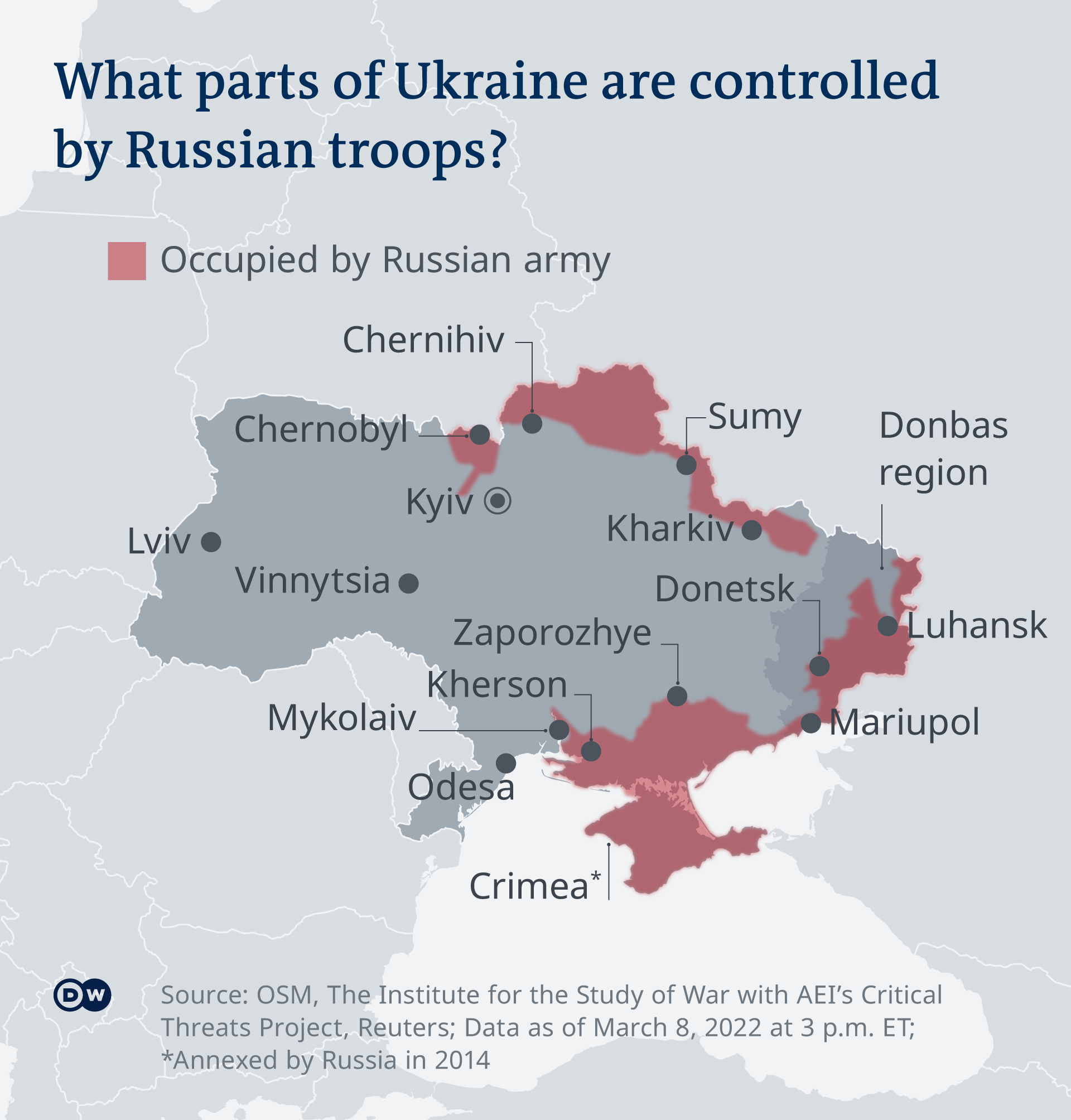 Map showing which parts of Ukraine are controlled by Russian troops