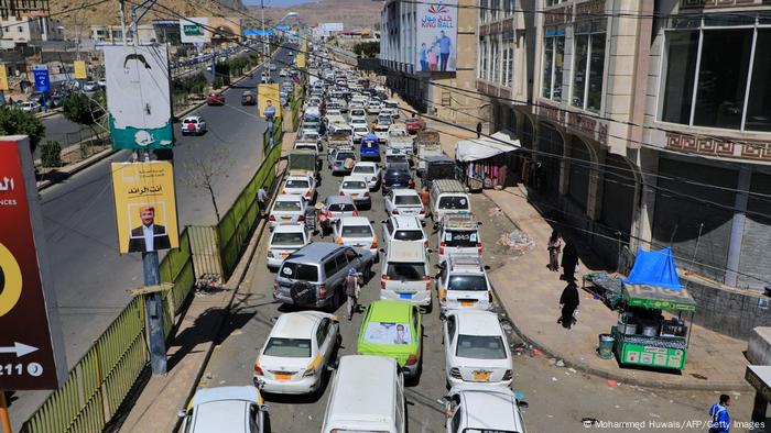 Vehicles queue at a petrol station in Yemen's capital Sanaa on March 9, 2022, amid fuel shortages.