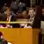 Bundesaußenminister Guido Westerwelle sitzt am Dienstag (12.10.2010) in der Stzung der UN-Vollversammlung inNew York. Die Vollversammlung der Weltgemeinschaft bestimmt fünf der zehn nichtständigen Mitglieder des mächtigsten UN-Gremiums. Foto: Thomas Trutschel dpa