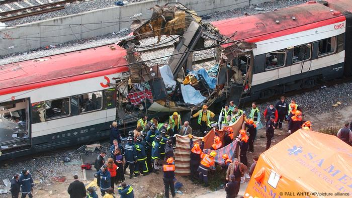 Bird's-eye view of bombed train in Atocha, Spain, 2004