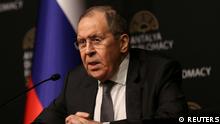Russian Foreign Minister Sergei Lavrov speaks during a news conference after meeting with his counterparts Ukrainian Dmytro Kuleba and Turkish Mevlut Cavusoglu, amid Russia's invasion of Ukraine, in Antalya, Turkey March 10, 2022. REUTERS/Stringer NO RESALES. NO ARCHIVES