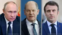 Links: Das von der staatlichen russischen Nachrichtenagentur Sputnik veröffentlichte und von AP zur Verfügung gestellte Bild zeigt Wladimir Putin, Präsident von Russland, während er eine Sitzung des Sicherheitsrates per Videokonferenz leitet.
Service
+++ dpa-Bildfunk +++
Aufnahmedatum
03.03.2022
Bildnachweis
picture alliance/dpa/Pool Sputnik Kremlin/AP | Andrei Gorshkov
Mitte: German Chancellor Olaf Scholz addresses a press conference at the Chancellery in Berlin after talks with the Canadian Prime Minister on March 9, 2022. (Odd Andersen/Pool via AP)
Aufnahmedatum
09.03.2022
Bildnachweis
picture alliance / ASSOCIATED PRESS | Odd Andersen
Rechts: French President Emmanuel Macron at the Elysee Palace for a meeting about the Russian invasion of Ukraine, in Paris, France on March 9, 2022. Photo by Christian Liewig/ABACAPRESS.COM
Aufnahmedatum
09.03.2022
Bildnachweis
picture alliance / abaca | Liewig Christian/ABACA