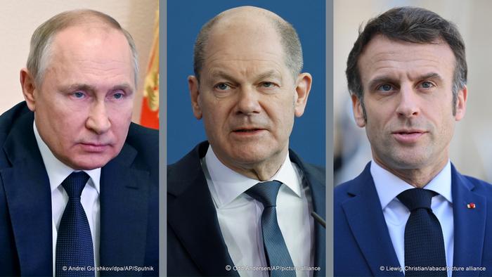 Kombobild Vladimir Putin - Olaf Scholz - Emmanuel Macron