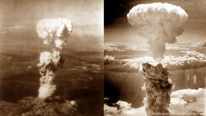 Atomic bomb mushroom clouds over Hiroshima (left) and Nagasaki (right) in August 1945