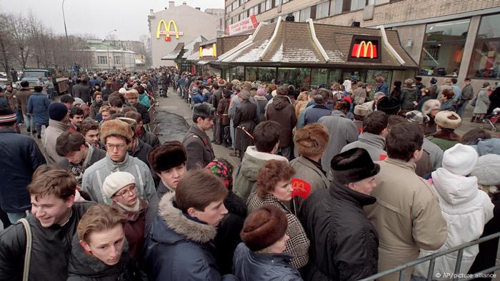 Hundreds of Muscovites line up around the first McDonald's restaurant in the Soviet Union on its opening day, January 31, 1990