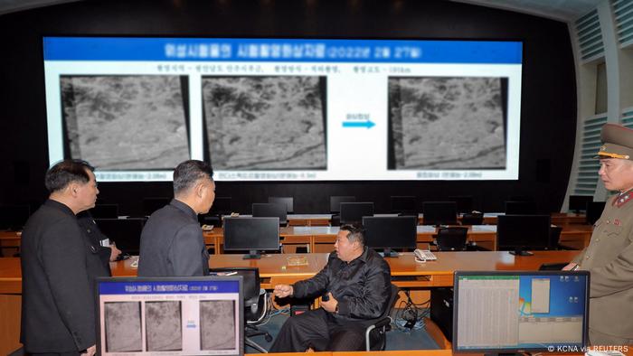 North Korean leader Kim Jong Un inspects North Korea's National Aerospace Development Administration after recent satellite system tests, in Pyongyang, North Korea, in this photo released on March 10, 2022 by North Korea's Korean Central News Agency (KCNA).