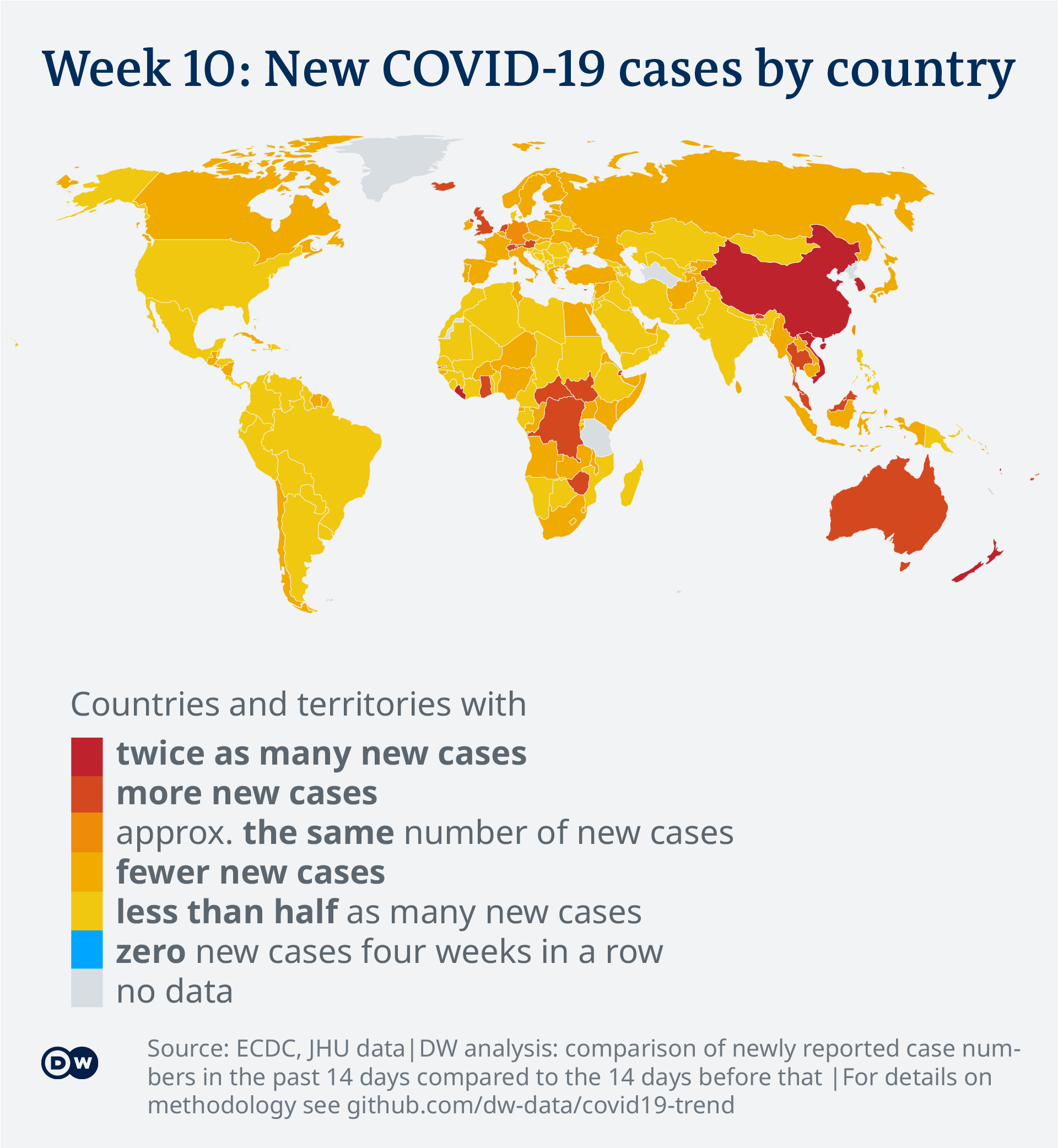Data visualization: COVID-19 global new case numbers trend - map calendar week 10, 2022