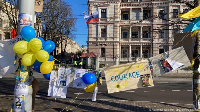 Latvia Riga protests in front of Russian Embassy