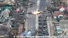 March 10, 2022, Brovary, Kyiv, Ukraine: A frame from footage provided by Ukrainian Military Defense shows an ambush on a column of Russian tanks. This frame from drone footage, released by the Ukrainian Army, shows an attack on a Russian tank column near Brovary to Kyiv's Northeast on Wednesday. Russian troops have been moving towards Kyiv in an attempt to encircle Ukraine's capital. (Credit Image: © Ukrainian Military Defense/ZUMA Press Wire Service