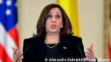 U.S. Vice President Kamala Harris makes statements during a press conference with the Romanian President Klaus Iohannis in Bucharest, Romania, Friday, March 11, 2022. U.S. Vice President Kamala Harris on Thursday embraced calls for an international war crimes investigation of Russia over its invasion of Ukraine, citing the atrocities of bombing civilians, including a maternity hospital. (AP Photo/Alexandru Dobre)