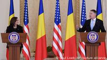 US Vice President Kamala Harris holds a joint press conference with Romanian President Klaus Iohannis following their meeting at Cotroceni Palace in Otopeni, Romania, Friday, March 11, 2022. (Saul Loeb/Pool Photo via AP)