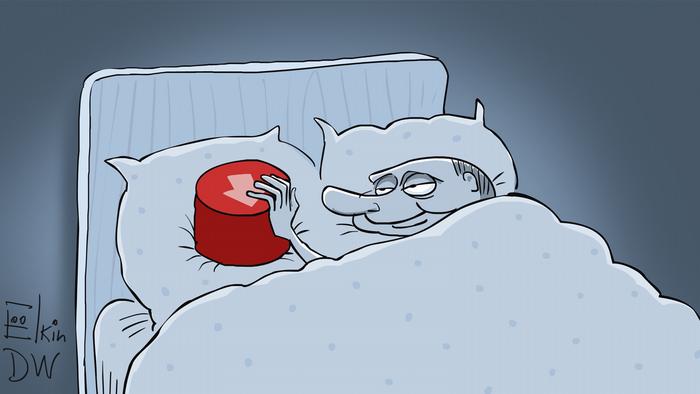 Карикатура Сергея Елкина: Владимир Путин лежит в кровати, рядом с ним на подушке - красная кнопка. Путин, засыпая, держит на ней руку. 