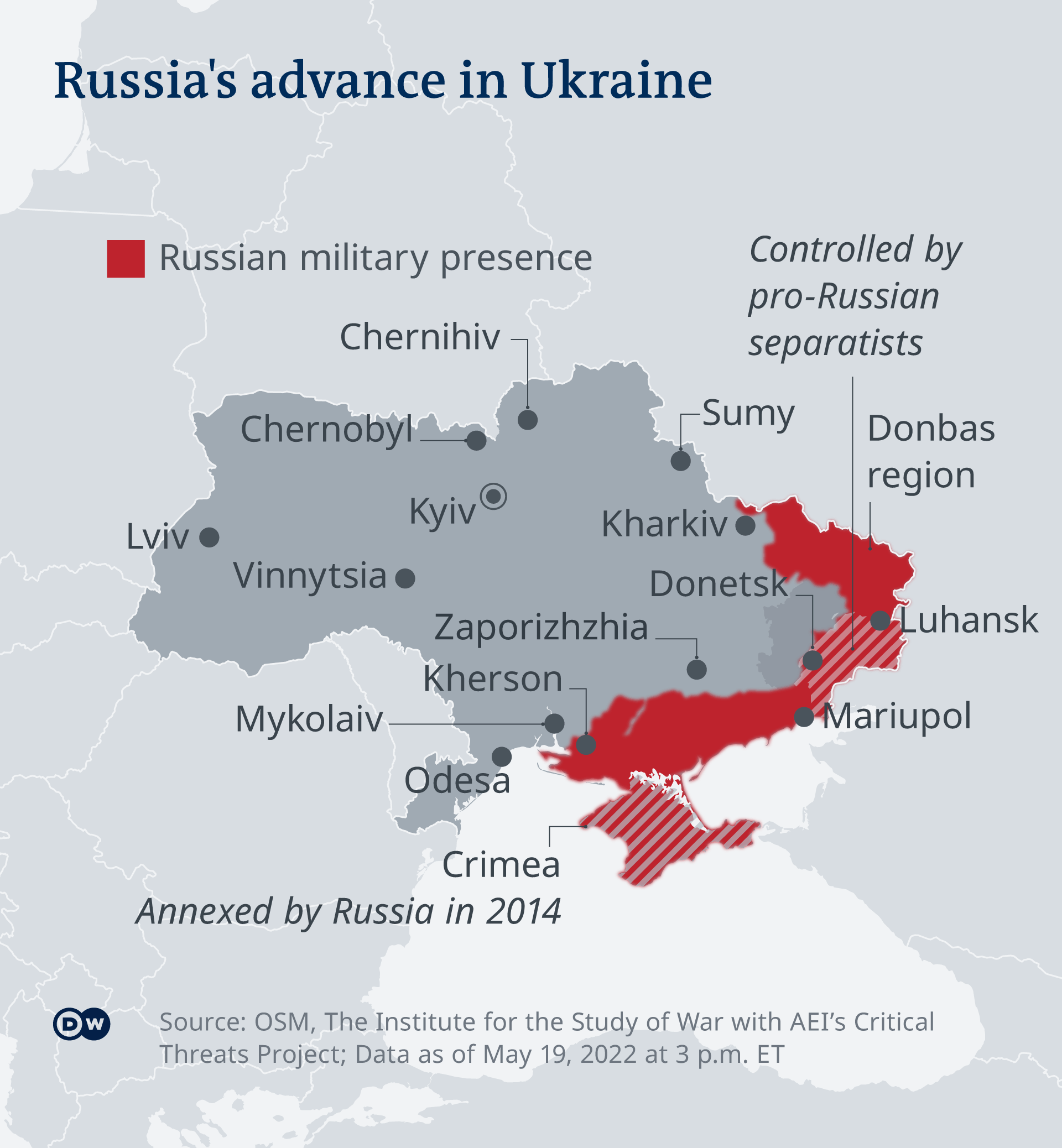A map showing which parts of Ukraine are controlled by Russian forces