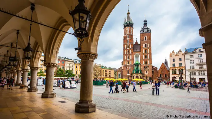 Krakow's main square, with Saint Mary's Basilica in the background