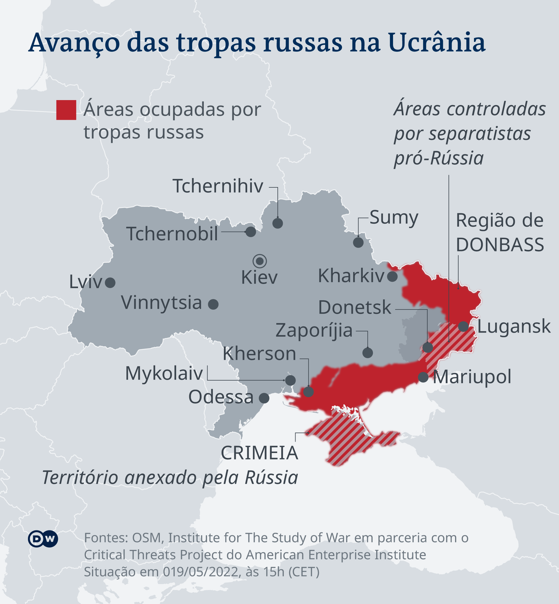 Infográfico sobre as regiões da Ucrânia ocupadas pela Rússia