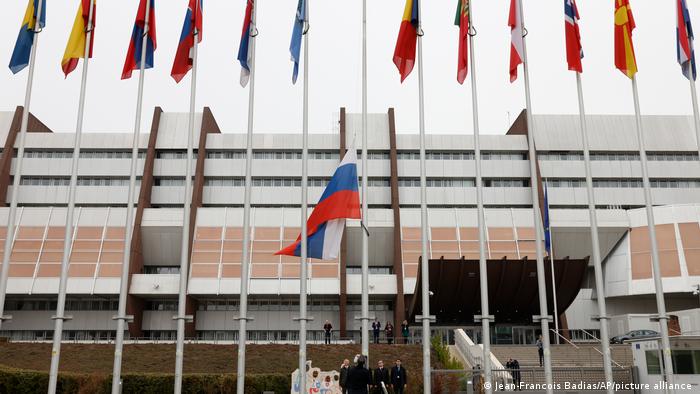 The Russian flag is removed outside the Counil of Europe building.