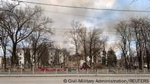 A view shows Donetsk Regional Theatre of Drama destroyed by an airstrike amid Russia's invasion of Ukraine, in Mariupol, Ukraine, in this handout picture obtained by Reuters on March 16, 2022. Press service of the Donetsk Regional Civil-Military Administration/Handout via REUTERS ATTENTION EDITORS - THIS IMAGE HAS BEEN SUPPLIED BY A THIRD PARTY. NO RESALE. NO ARCHIVE. MANDATORY CREDIT