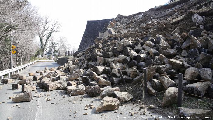 Rocks and rubble after an earthquake in Sendai, Japan, March 2022