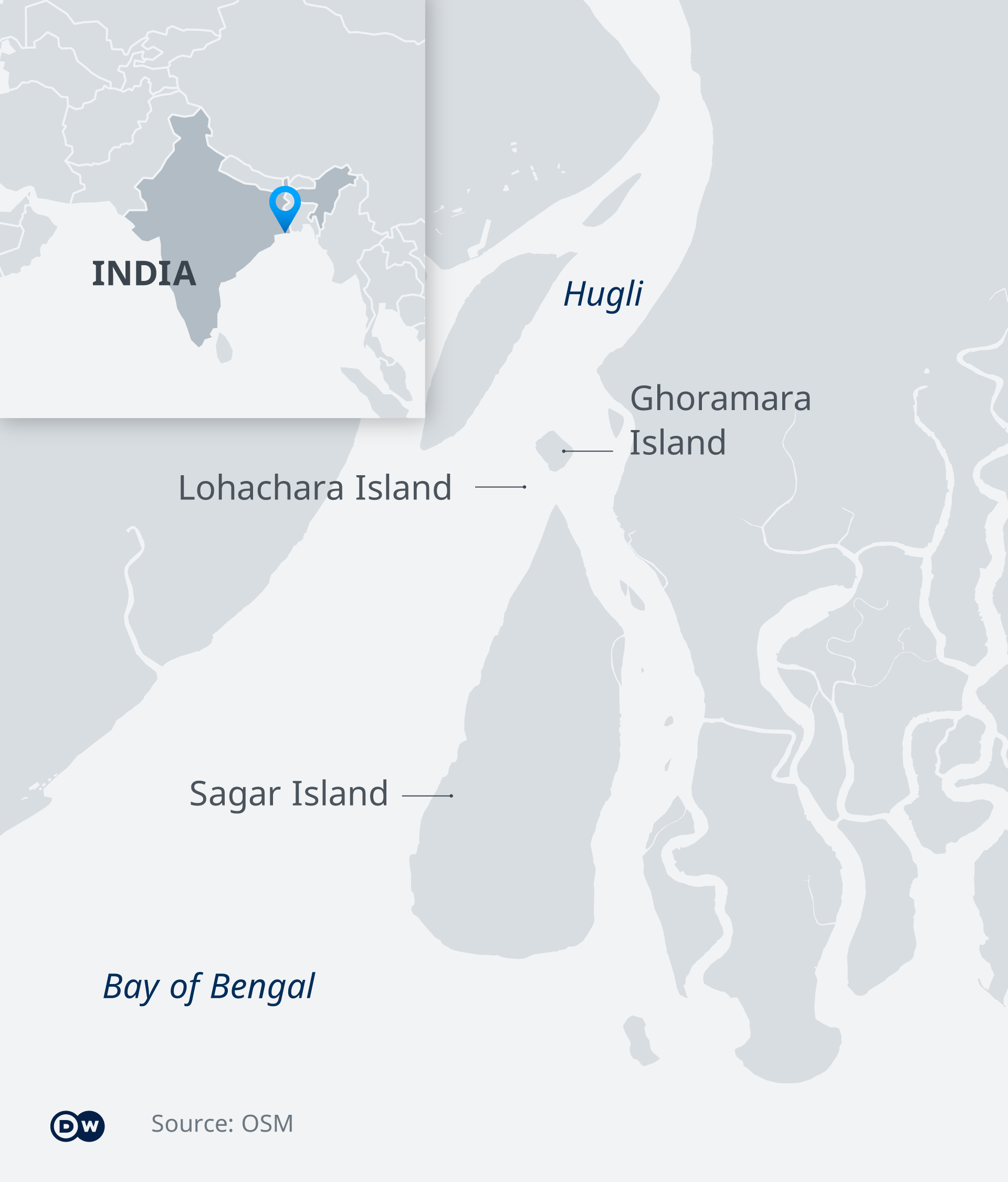 A DW map of the Sundarbans showing Sagar, Ghoramara and Lohachara Islands in the Bay of Bengal at the mouth of hte Hugli river 