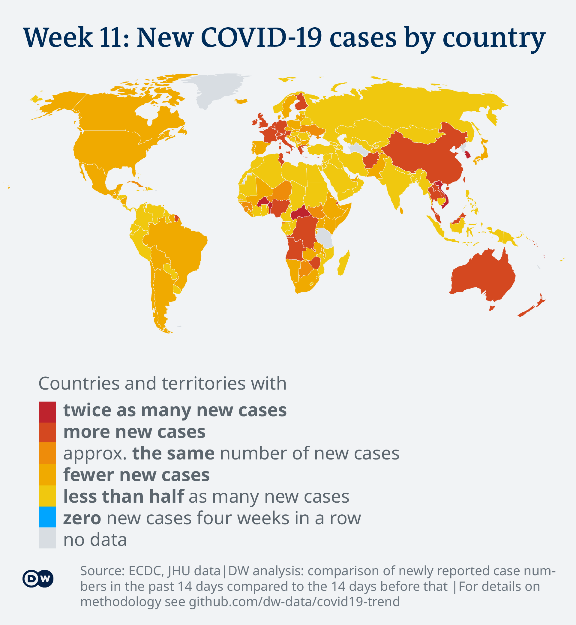 Data visualization: COVID-19 global new case numbers trend - map calendar week 11, 2022 Data visualization: COVID-19 global new case numbers trend - map calendar week 11, 2022