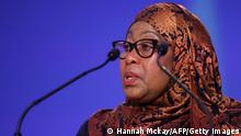Tanzania's President Samia Suluhu Hassan makes a national statement on the second day of the COP26 UN Climate Summit in Glasgow on November 2, 2021. - World leaders meeting at the COP26 climate summit in Glasgow will issue a multibillion-dollar pledge to end deforestation by 2030 but that date is too distant for campaigners who want action sooner to save the planet's lungs. (Photo by HANNAH MCKAY / POOL / AFP) (Photo by HANNAH MCKAY/POOL/AFP via Getty Images)