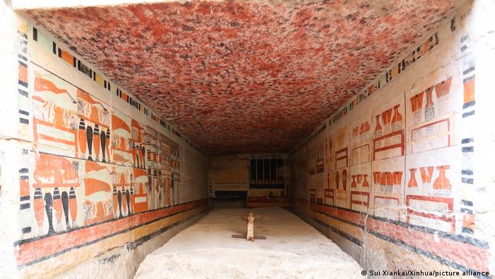 Photo shows the mural paintings in an ancient tomb uncovered at Saqqara archaeological sites