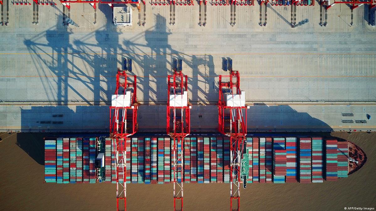 Aerial view of containers on a cargo ship 