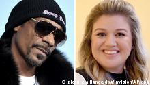 KOMBO - US-Rapper Snoop Dogg (l), aufgenommen am 28.03.2019 in Los Angeles und die US-amerikanische Sängerin Kelly Clarkson, aufgenommen am 06.11.2017 in Berlin. Die Musiker Kelly Clarkson (39) und Snoop Dogg (50) sollen den «American Song Contest» moderieren. +++ dpa-Bildfunk +++