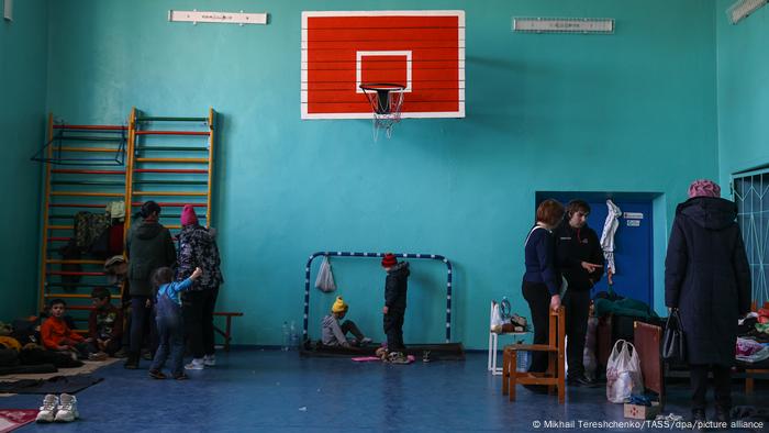 Refugees in a sports hall in Donetsk