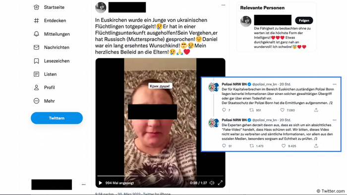 A screenshot from Twitter about an alleged murder in Euskirchen, showing the face of a woman, her eyes covered by a black bar