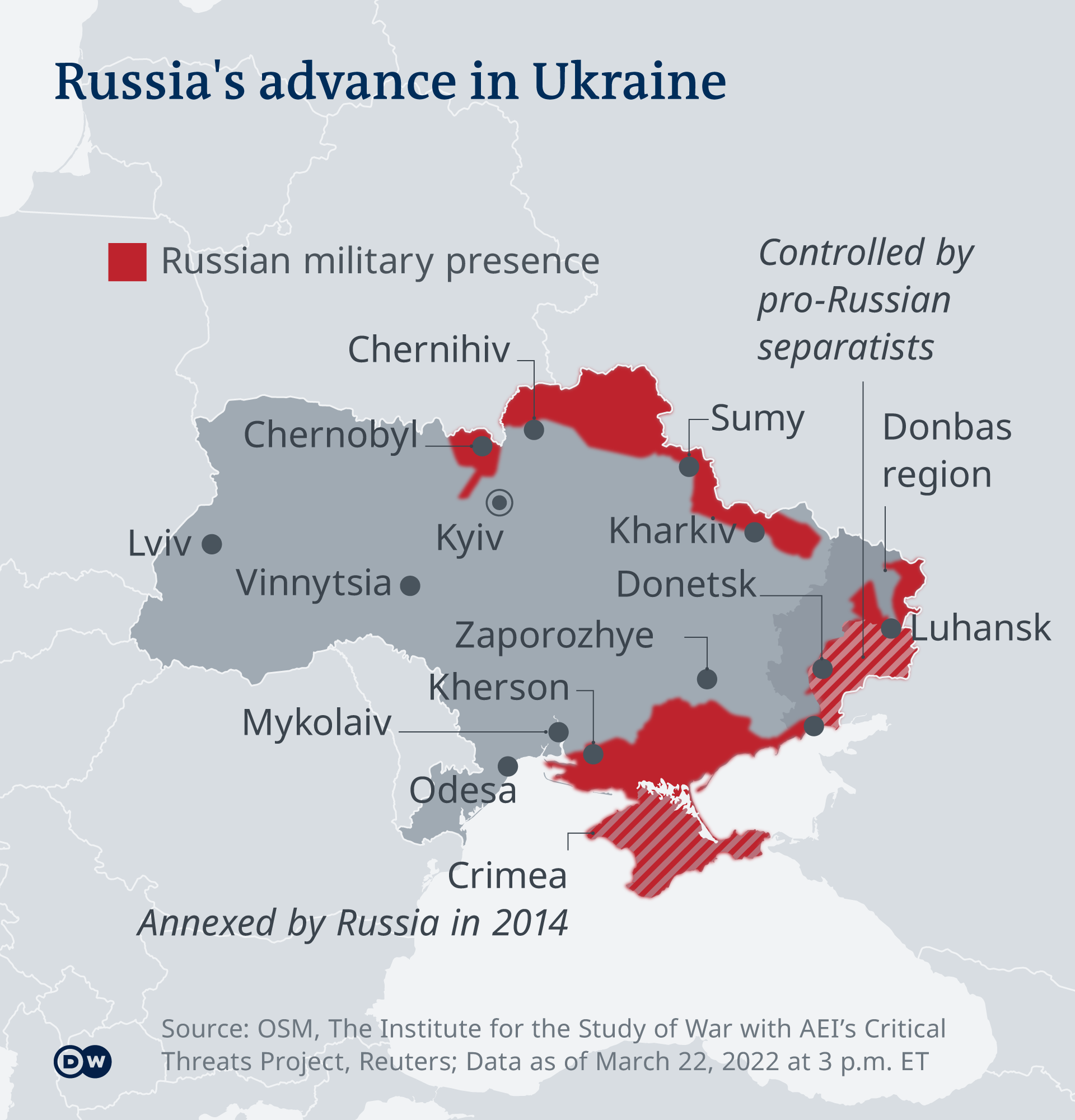 A map showing areas of Ukraine controlled by Russian troops