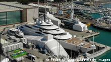 A view shows the multi-million-dollar mega yacht Scheherazade, docked at the Tuscan port of Marina di Carrara, Tuscany, on March 22, 2022. - The ownership of the multi-million-dollar mega yacht Scheherazade, docked on the Tuscan coast, is currently the source of speculation that it belongs to a Russian oligarch, or even perhaps President Vladimir Putin himself. Ukrainian President Volodymyr Zelensky urged Italian lawmakers on March 22 to stop their country being a playground for Russia's elite, while warning food shortages sparked by the war risk a fresh migrant crisis. (Photo by Federico SCOPPA / AFP) (Photo by FEDERICO SCOPPA/AFP via Getty Images)