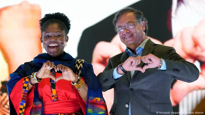 Gustavo Petro, presidential candidate with the Historical Pact Coalition, right, gestures during the event to present his running mate Francia Marquez, left, in Bogota