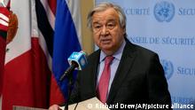FILE - United Nations Secretary General Antonio Guterres makes a statement outside the Security Council at U.N. headquarters on March 14, 2022. Guterres announced Wednesday, March 23, 2022 a project to put every person on Earth in range of early warning systems for natural disasters, which have grown more powerful and frequent due to climate change, within five years. The project with the Geneva-based World Meteorological Organization aims to broaden the deployments and use of such climatic alert systems beyond many rich countries. (AP Photo/Richard Drew)