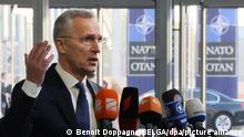 NATO Secretary General Jens Stoltenberg talks to the press at his arrival for a head of states summit of the NATO (North Atlantic Treaty Organization) military alliance, Thursday 24 March 2022, in Brussels. BELGA PHOTO BENOIT DOPPAGNE