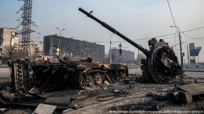 March 23, 2022, Mariupol, Ukraine: A destroyed tank likely belonging to pro-Russian forces lies amidst rubble in the north of the ruined city