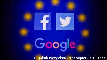 Facebook, Twitter and Google logos displayed on a phone screen and European Union flag displayed on a screen in the background are seen in this multiple exposure illustration photo taken in Poland on June 14, 2020. European Commission officials said that Facebook, Twitter and Google should provide monthly fake news reports to prevent fake news about coronavirus pandemic. (Photo Illustration by Jakub Porzycki/NurPhoto)