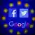 Facebook, Twitter and Google logos superimposed on a blurry European Union flag