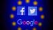  Facebook and Twitter and Google logos surrounded by the EU stars